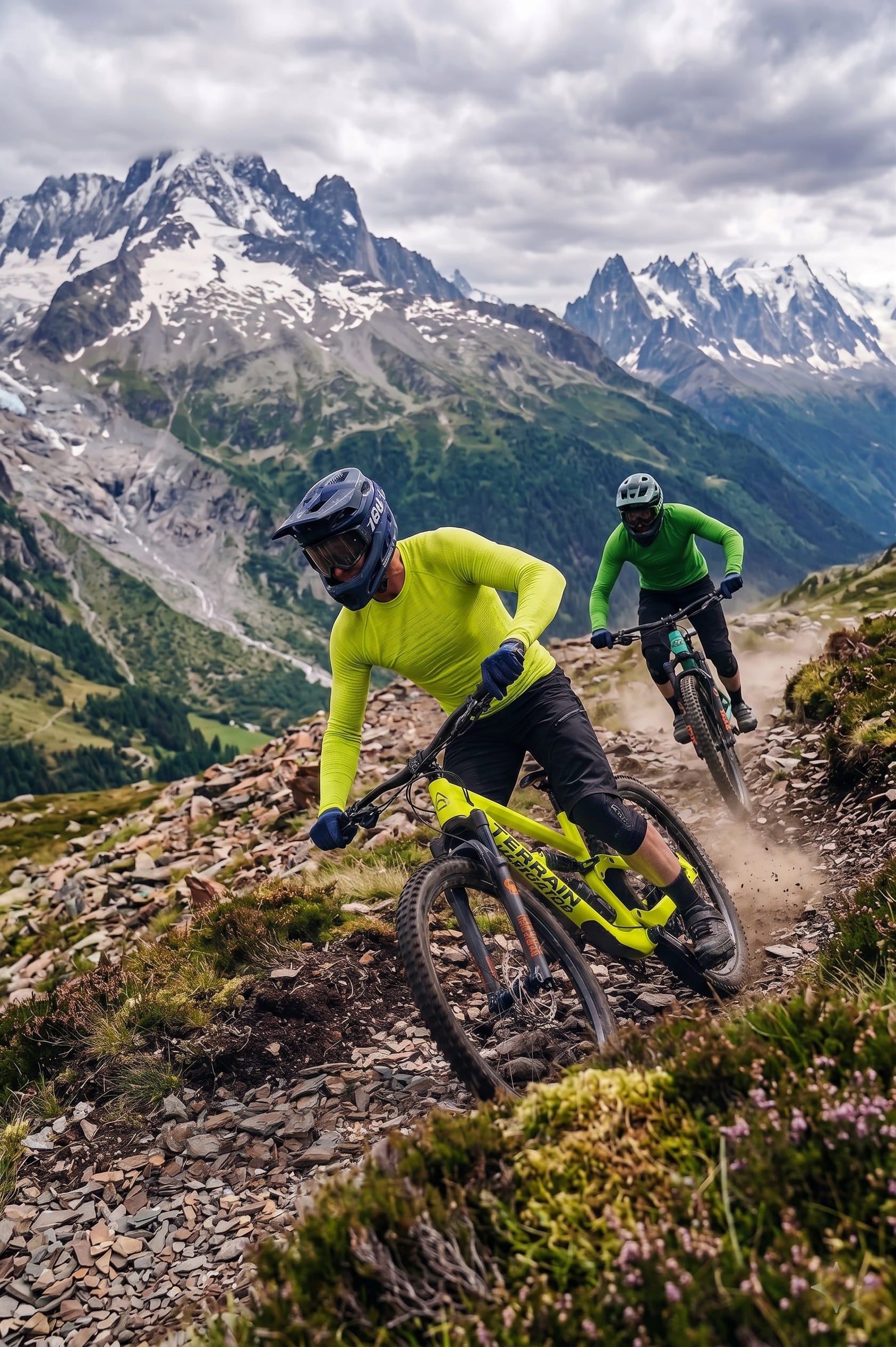 Two mountain bikers on a trail with snow-capped mountains in the background
