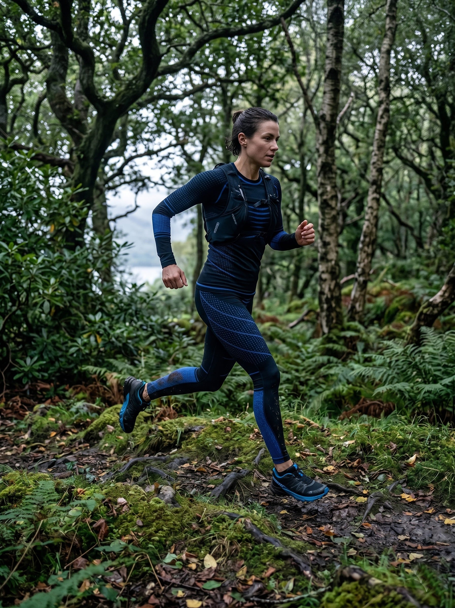 Person running through a forest wearing a dark outfit.